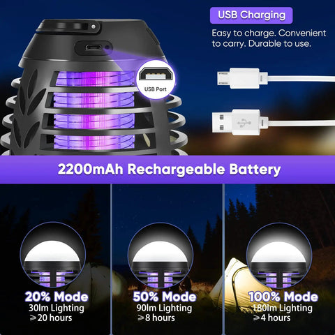 Rechargeable Mosquito Zapper For Indoor Outdoor Use, UV Light Bug Killer Attracts Mosquitoes Flies Gnats Moths No Odor Mess Free Non Toxic IPX6 Waterproof Insect Trap For Home Patio Backyard Camping with USB charging and 2200mAh battery