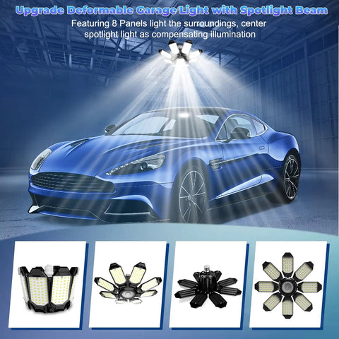 Crazy Bright 25000LM Garage Light with car under spotlight, 8 flexible panels, 6500K LED bulb E26 E27 for barn workshop attic basement ceilings