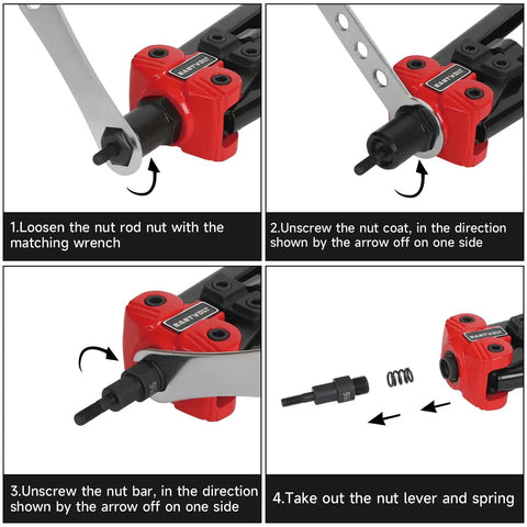 Steps to use 3 In 1 Rivet Nut Tool Kit With 14 Inch Rivet Gun And Six Metric Mandrels, including assembly and disassembly