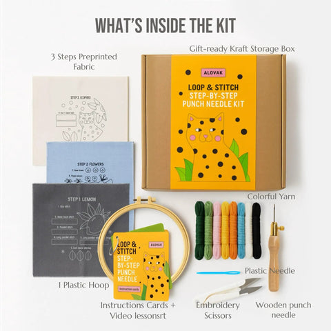 Beginner Punch Needle Kit With 14 Stitches Learn And Create A Simple DIY Embroidery Project For Adults Includes Hoop Monks Cloth Yarn Needle Practice Cards And Video Tutorial For Quick Fun Craft box contents including yarn, hoop, needle, and preprinted fabric.