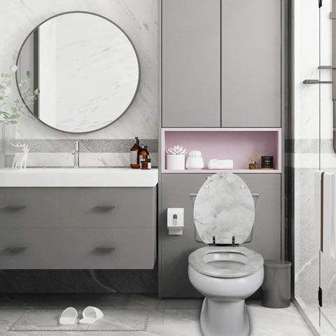 Elongated Marble Toilet Seat With Quiet Close And Quick Release Hinges, No-Nonsense Build To Last Durable Molded Wood, Easy Clean Finish In Gray Marble, Fits Most US Toilets From Crane Universal Rundle Eljer Delta Bemis And More