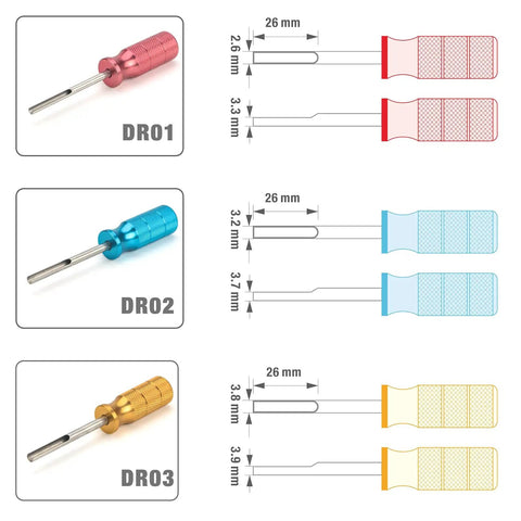 Deutsch Terminal Extraction Tool Kit DT Series 3 Piece Set For Safe Wire Removal From 14 To 24 Gauge Connectors, DR01-DR03 dimensions