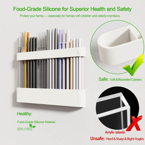 Slick Silicone Straw Holder For Cabinet Door Sturdy Reusable Straw Organizer And Dispenser BPA Free with soft, rounded corners, displaying multiple straws.