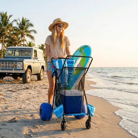 Heavy Duty Folding Beach Cart With Balloon Wheels Ocean Utility Carrier For The Sand on a sunny beach with accessories