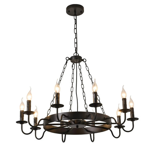 Black Industrial Wagon Wheel Chandelier Pendant Light For Kitchen Rustic Farmhouse Round Candle Style 10 Lights E12 Base Adjustable Height Ceiling Fixture