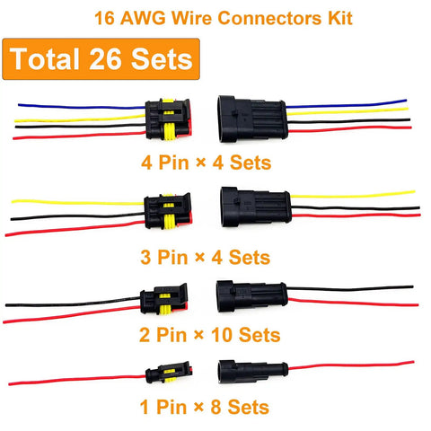 Waterproof 16 AWG Wire Connectors Kit For Auto Electrical Systems With Quick Disconnect Pins 1 To 4 Pin Sets 26 Total Kits