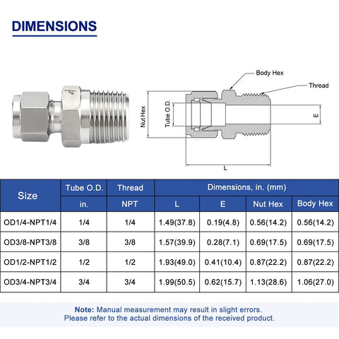 Compression tube fitting, 316 stainless, side view, 1/2 in tube O.D. to 1/2 in NPT male straight adapter with double ferrules