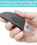 Hand holding extra blade with sheath for Multi Angle Miter Shears For Angular Cutting And Molding Crafting Shoe Molding Cutter Tool 45 To 135 Degree Trim Cutter Hand Tool For Soft Wood PVC Includes Extra Blade And Sheath SK5 Steel Blade