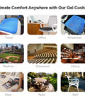 Collage of Ultra Comfy Gel Seat Cushion 1.8 Inch Thick for All Day Seating Orthopedic Pressure Relief Pad in various settings