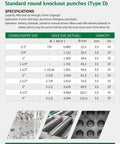 Table showing specifications for Pro-Grade 15 Ton Hydraulic Knockout Punch Kit With 10 Dies For 1/2 To 4 Inch Conduit