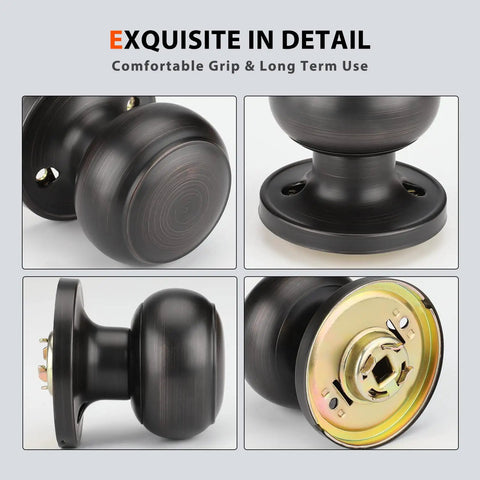 Close-up of oil rubbed bronze passage doorknobs with flange detailing, part of five pack for interior non-locking doors.