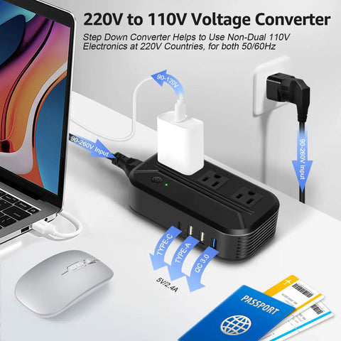 US To Europe 2300W Must Have Travel Power Converter 220V To 110V with 3 USB ports and plugged devices shown on desk