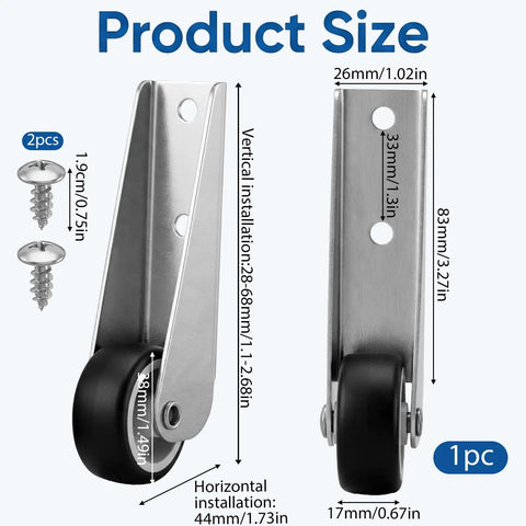 Heavy Duty Low Profile Caster Door Support Wheel Replacement For Garden Gates Rustproof Stainless Steel And Rubber Roller dimensions and screws