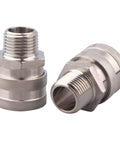 Two stainless steel 1/2-inch male quick-disconnect fittings with knurled bodies.