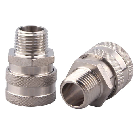 Two stainless steel 1/2-inch male quick-disconnect fittings with knurled bodies.