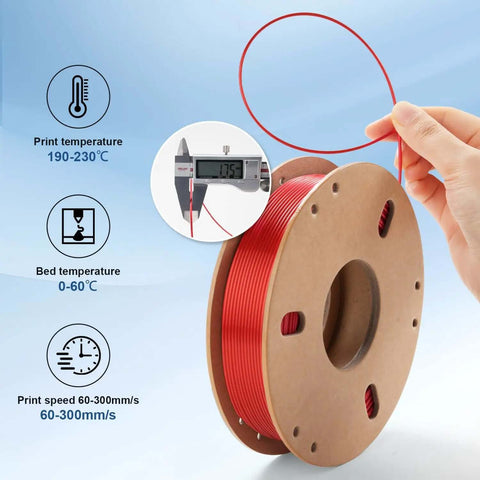 Person holding red spool of Silk PLA 3D Printer Filament Bundle, 6 Color Set In Gold Silver Red Green Blue Purple, 1.75mm diameter.