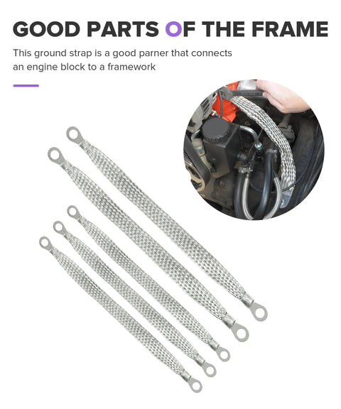 Heavy Duty 5 Pack Copper Ground Straps For Tuned Rides, 10 And 13 Inch Flat Braided Battery Cables With Tinned Terminals, showing five braided ground straps.