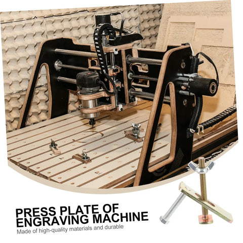 Heavy Duty CNC Router Clamps Kit Two Sets Engraving Machine Hold Down Clamps on a CNC workbench with rugged steel press plates