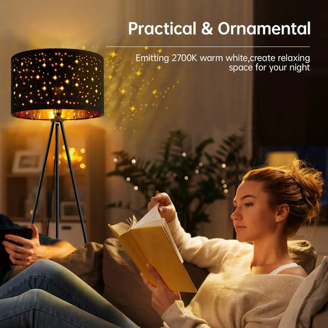 Tripod Floor Lamp With 8W LED Bulb Mid Century Style Standing Lamp Decorative Fabric Shade in cozy living room setting