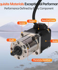 Geared Nema 17 Stepper Motor With Integrated Planetary Gearbox viewed from an angle showing components labeled against a scenic background.