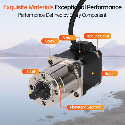 Geared Nema 17 Stepper Motor With Integrated Planetary Gearbox viewed from an angle showing components labeled against a scenic background.