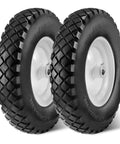 Pair of 4.80/4.00-8 flat free tires and wheels with a 3-inch centered hub and 3/4 inch bearings for hand trucks and trolleys.