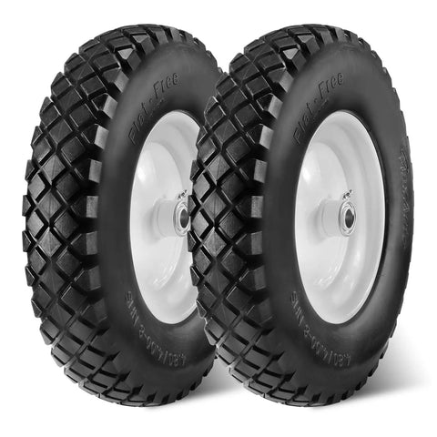 Pair of 4.80/4.00-8 flat free tires and wheels with a 3-inch centered hub and 3/4 inch bearings for hand trucks and trolleys.