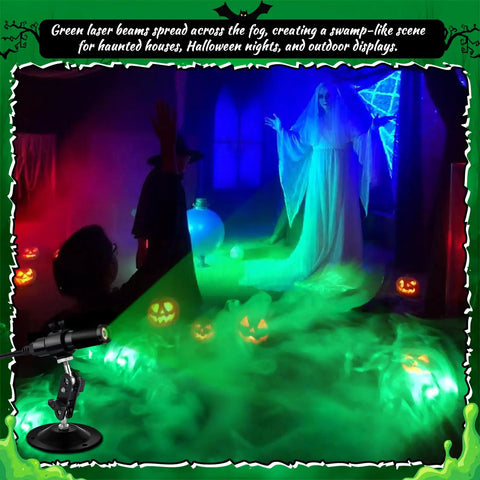 Green Laser Line Projector For Halloween Party And Haunted Yard Swamp Scene, Pairs With Fog Machines To Cast Eerie Neon Green Beams Through Low Ground Fog For Spooky Vibe Atmosphere, Class II Safety, Sub 1mW Power in foggy haunted room