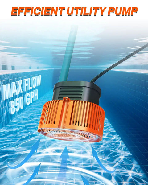 Above Ground Pool Cover Pump Submersible Sump Water Removal Tool With Drain Hose And 25-Foot Power Cord, 850 GPH Flow Rate