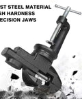 Side view of a 3-inch universal table vise clamp-on, black cast-steel bench clamp with T-handle screw