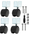 Slick Roll 1.5 Inch Swivel Casters With 1 Inch U Bracket 4 Pack showing black wheels with galvanized brackets and screws.