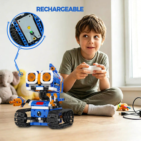 Child playing with 5 In 1 STEM Robot Building Kit With 560 Pieces For Ages 8 12 App Controlled Remote Control Coding Toys
