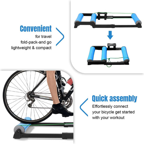 Whisper Quiet Indoor Bike Trainer With Foldable Stand featuring blue rollers and a bicycle wheel, highlighting portability and quick assembly