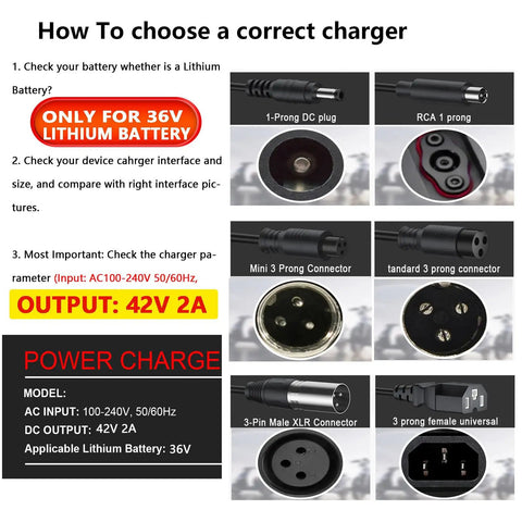 Diagram showing connector types for 36V Li Ion Battery Charger 42V 2A For Electric Scooters Hoverboards And E Bikes Compatible With 36V Battery