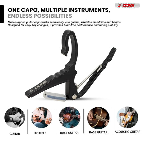 Image of a guitar capo with multiple instrument icons, designed for guitars, ukuleles, mandolins, and banjos.