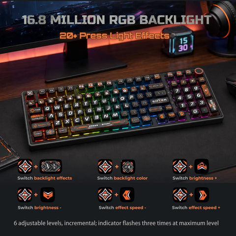 Your Legit Top Shelf 98 Key Gasket Mount Mechanical Keyboard With Numpad And Volume Knob Hot Swappable Linear Creamy Switches Thocky RGB Dye Sub Pudding Keycaps Smooth Gaming Setup with vibrant RGB lighting and adjustable brightness.