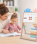 Mother and child using Straight Up Awesome Wooden Abacus For Kids Math Learning with magnetic whiteboard for education.