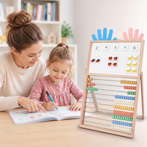 Mother and child using Straight Up Awesome Wooden Abacus For Kids Math Learning with magnetic whiteboard for education.