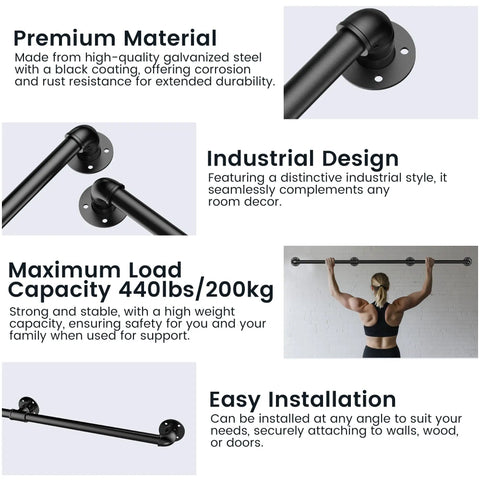 Rock Solid Industrial Pipe Handrail Wall Mounted For Indoor And Outdoor Steps Hella Tough Black Galvanized Metal Vintage Farmhouse Style Heavy Duty Porch Railing Kit with installation instructions and load capacity details.