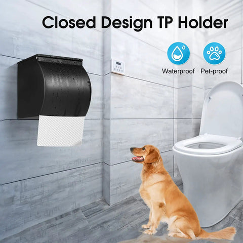 Self Adhesive Toilet Paper Holder Waterproof Stainless Steel Matte Black Bathroom Accessory Cat And Dog Proof Easy Install Rustproof SUS 304 Construction For Any Bathroom next to a toilet and dog