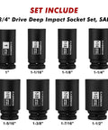 Eight Piece Deep Impact Socket Set With Three Quarter Inch Drive SAE sizes from 1 to 1-1/2 inch 6-point CR-MO steel black