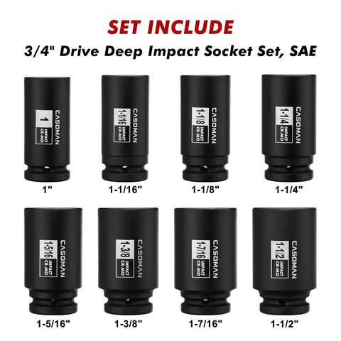 Eight Piece Deep Impact Socket Set With Three Quarter Inch Drive SAE sizes from 1 to 1-1/2 inch 6-point CR-MO steel black