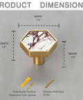 4 Pack Hexagon Cabinet Knobs With Solid Brass Construction And Calacatta Viola Marble Texture Brushed Gold Finish Boss Level Luxe Rust Resistant Drawer Pulls For Cabinets Drawers Kitchen And Bathroom, showing dimensions and screws included