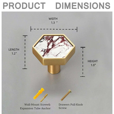 4 Pack Hexagon Cabinet Knobs With Solid Brass Construction And Calacatta Viola Marble Texture Brushed Gold Finish Boss Level Luxe Rust Resistant Drawer Pulls For Cabinets Drawers Kitchen And Bathroom, showing dimensions and screws included