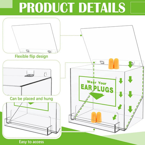 Image showing Green Ear Plug Dispenser With Cover And Front Pocket, Clear Acrylic Organizer For Table Or Wall Mount, big capacity 12x13x8 inches with flexible lid and easy access.