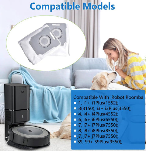 18 Pack Vacuum Bags For Roomba Series Fit I7 I7 Plus I3 I3 Plus with dog and woman in the room