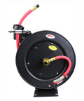 Front view of Auto Rewind Retractable Air Hose Reel With Twenty Five Feet Of Three Eighths Inch Hose And Brass Fittings In Black And Red.