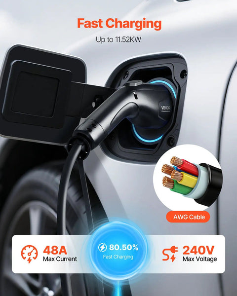 Close-up of 21 Foot J1772 EV Charger Extension Cable 48 Amp Heavy Duty Charging Cord connected to an electric car for fast charging.