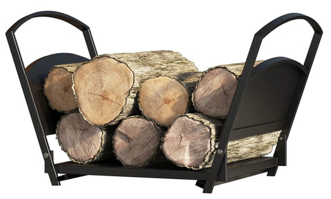 Foldable Fireplace Log Holder and Firewood Rack heavy-duty steel with stacked logs for indoor outdoor use, no assembly required.