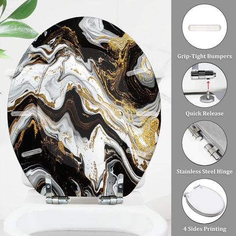 Marble Vein Round Resin Toilet Seat for Bathroom with stainless steel hinge and grip-tight bumpers, 14.5" x 16.5".